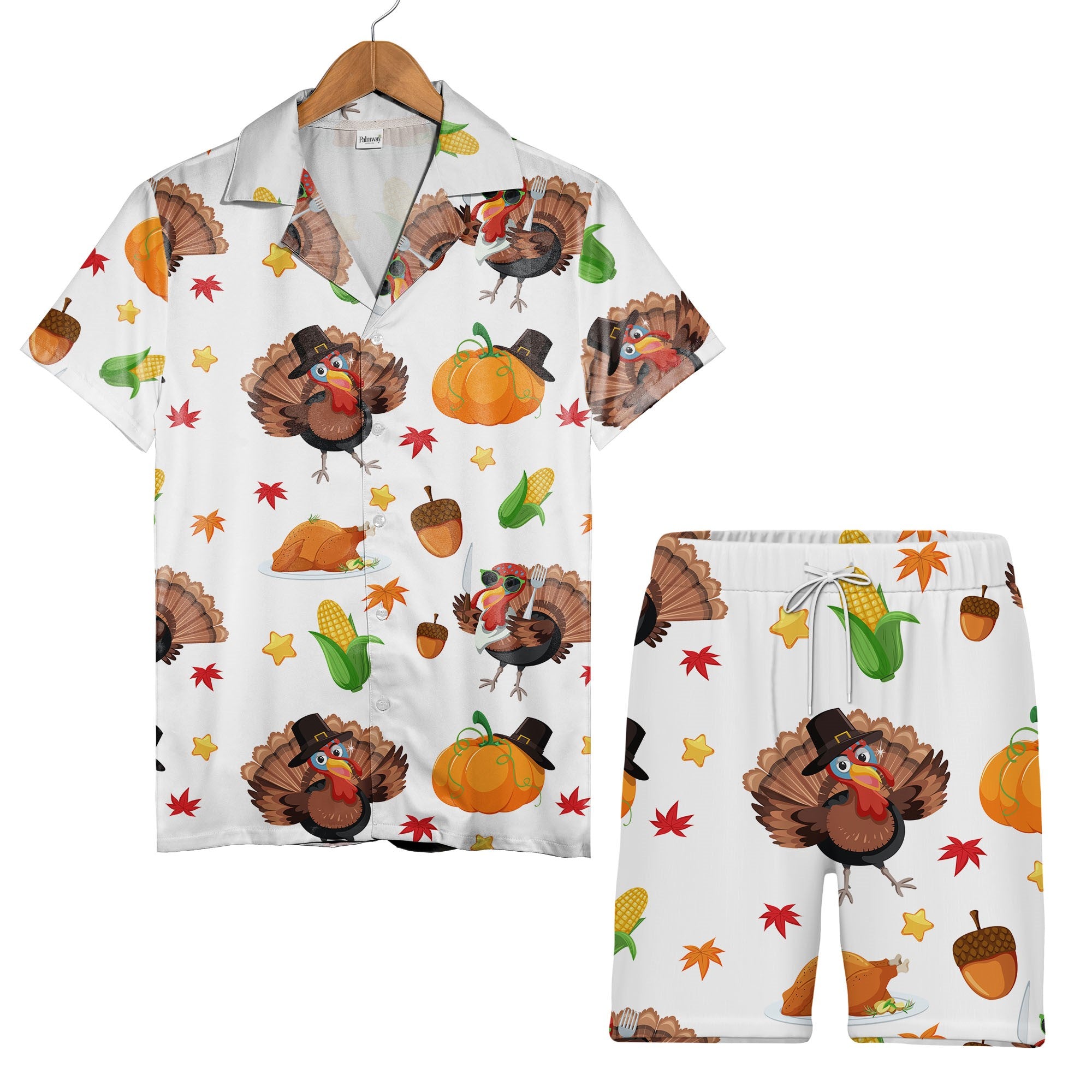 Funny Turkey Hawaiian Shirt with Sunglasses Pilgrim Hats and Roasted Dinner