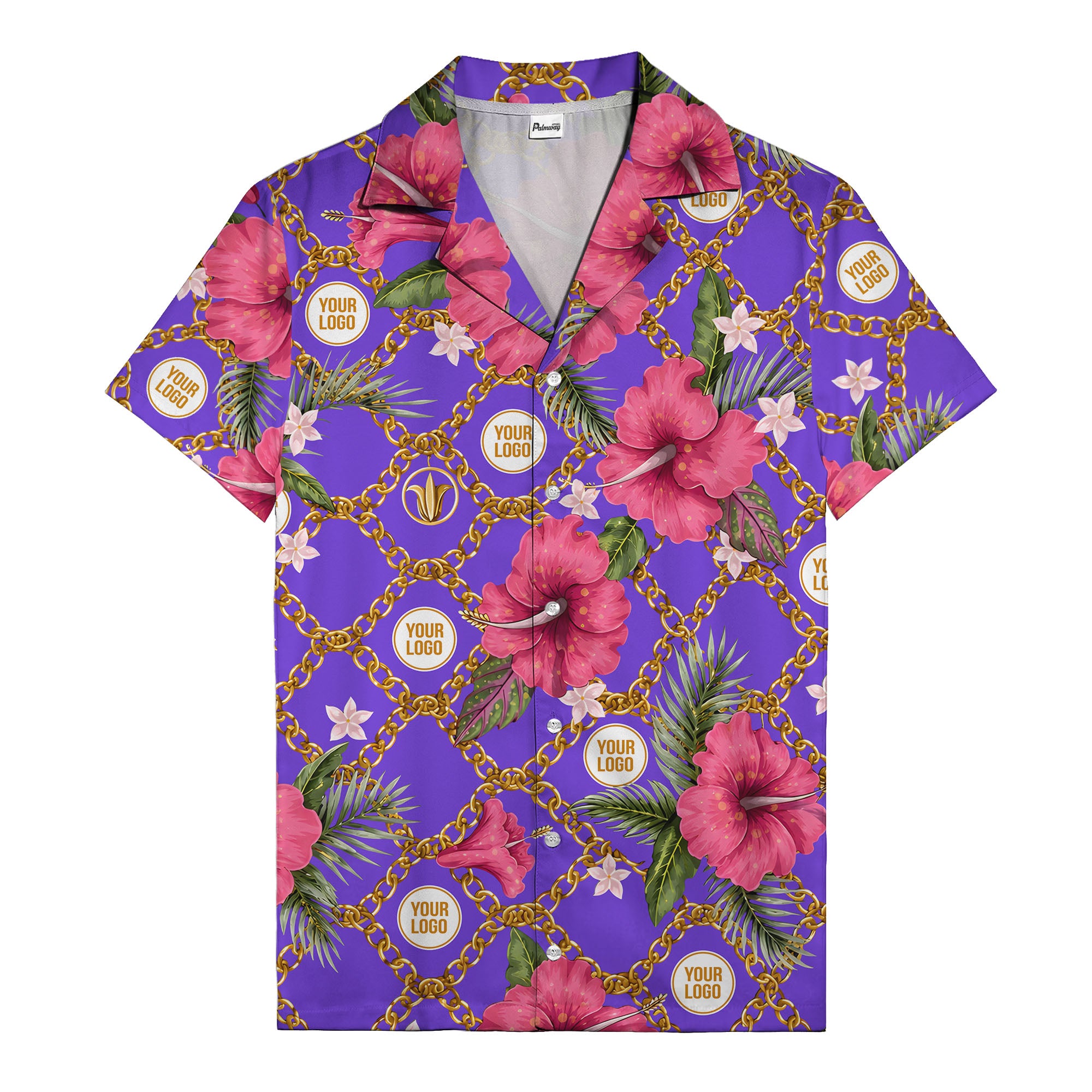 gold chain & pink hibiscus watercolor hawaiian shirt for men