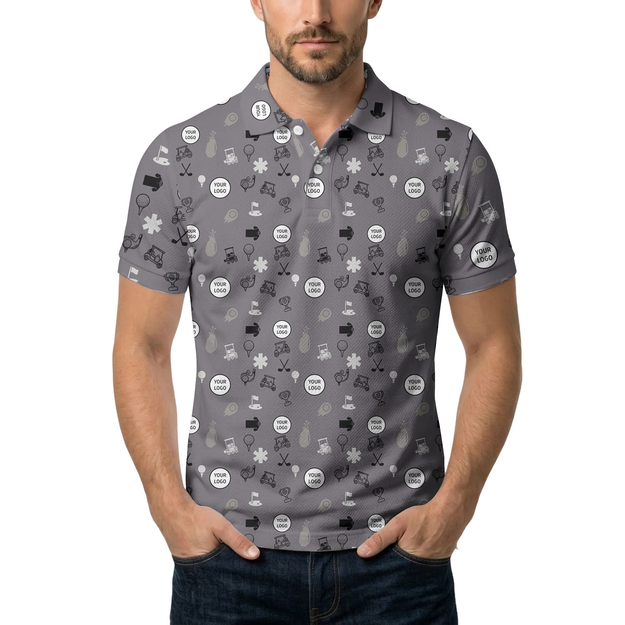 Gray Golf Course Sketch Polo Shirt With Repeating Balls Clubs Carts Trophies