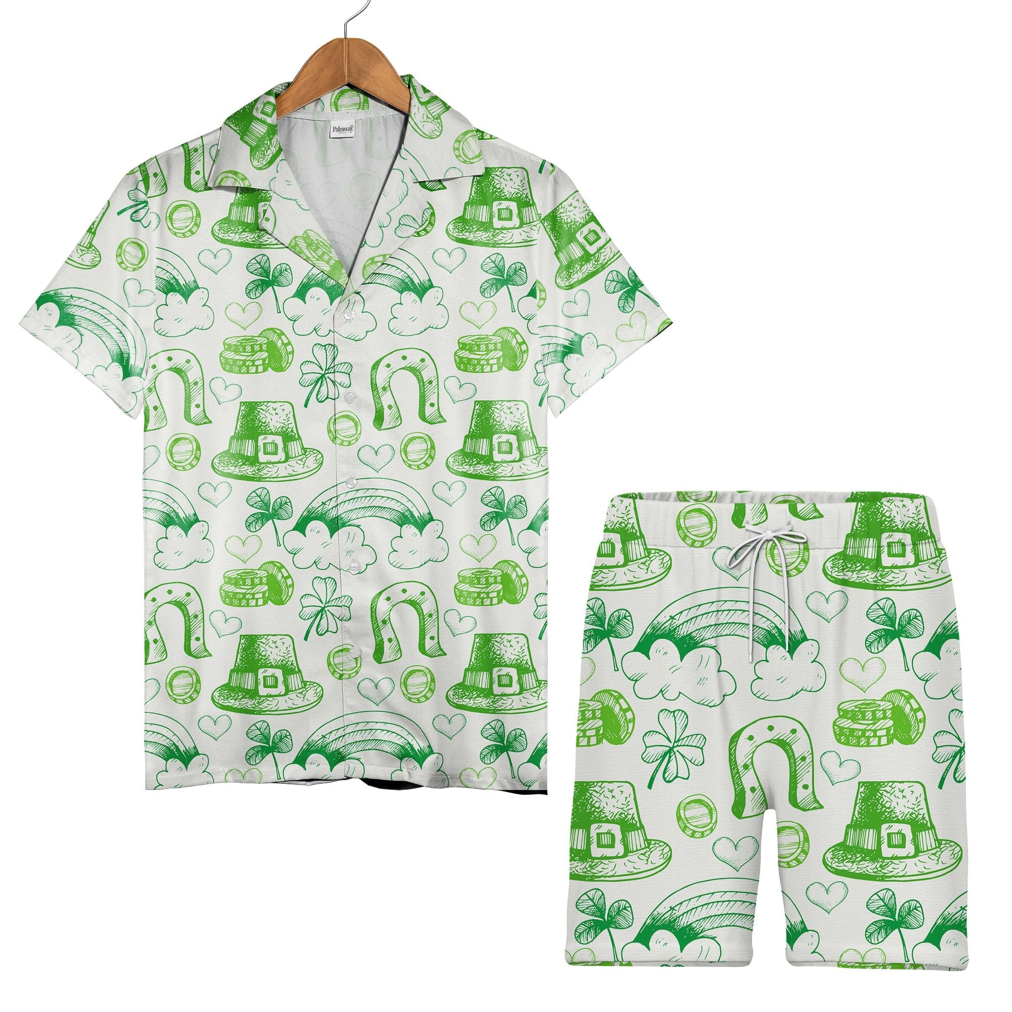 Hand-Drawn Irish Doodle Hawaiian Shirt with Shamrocks and Gold Stacks