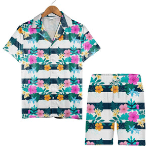 Hibiscus Floral Hawaiian Shirt on Navy White Horizontal Stripes