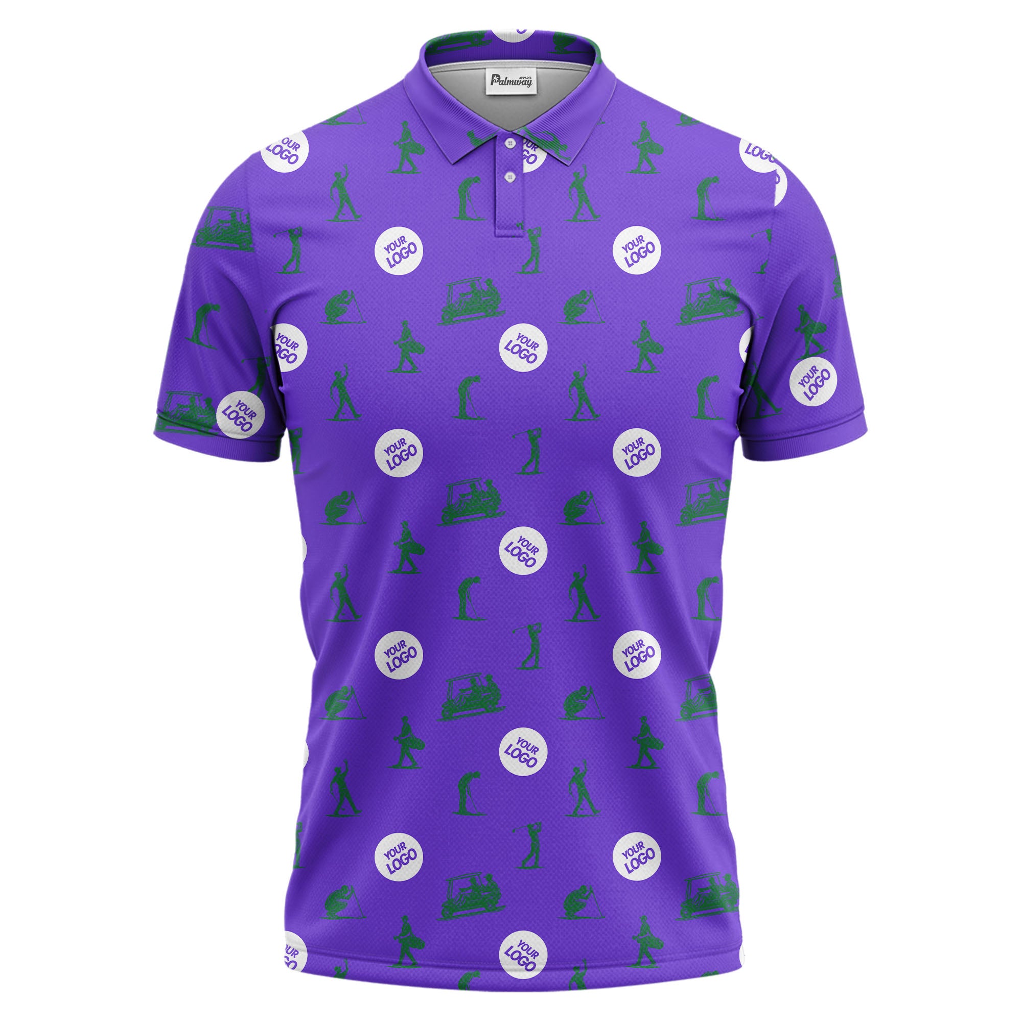 illustrated golfers golf carts repeating on green polo shirt for weekend fairway fun