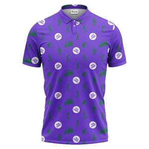 illustrated golfers golf carts repeating on green polo shirt for weekend fairway fun