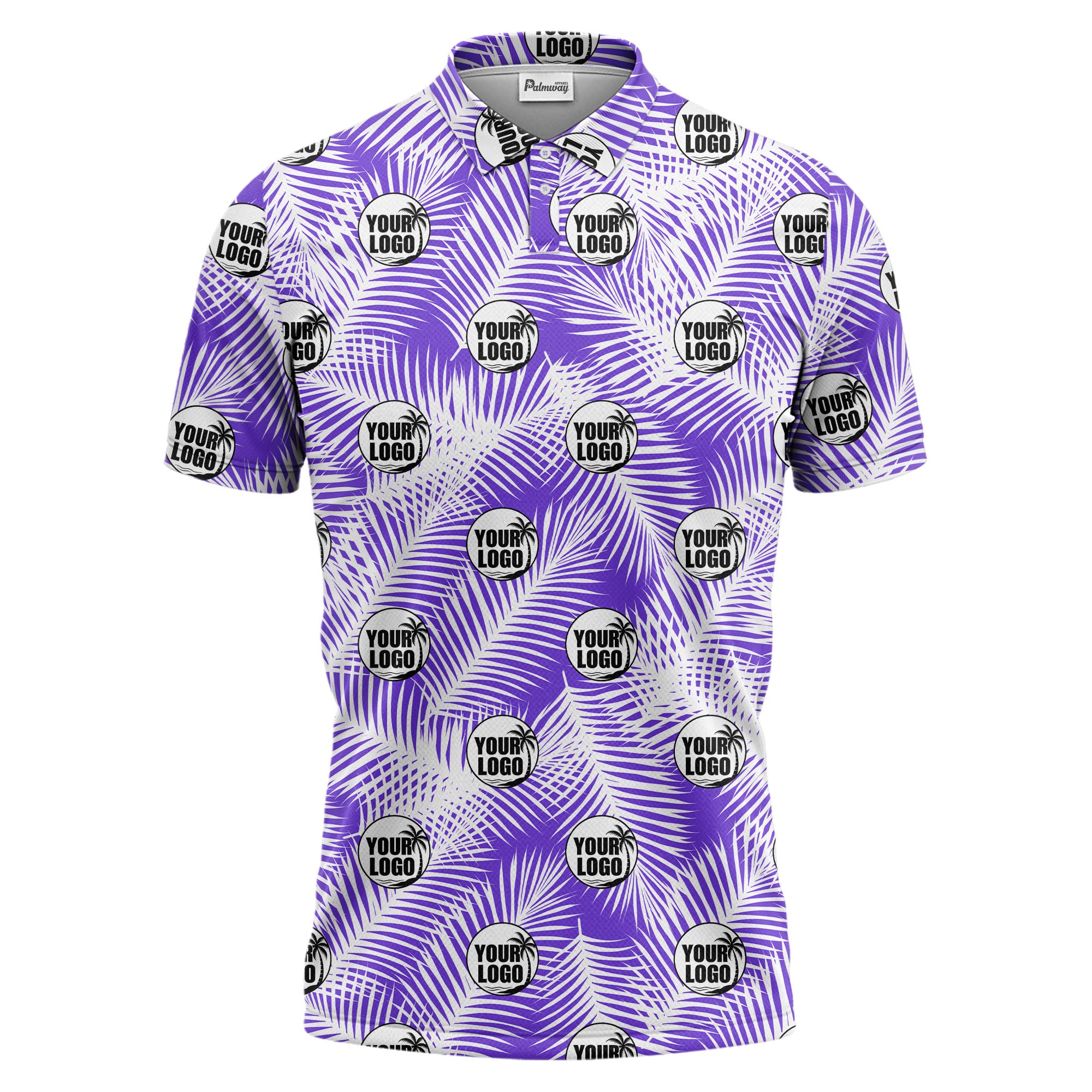 illustrated palm leaf logo repeating tropical polo shirt for men