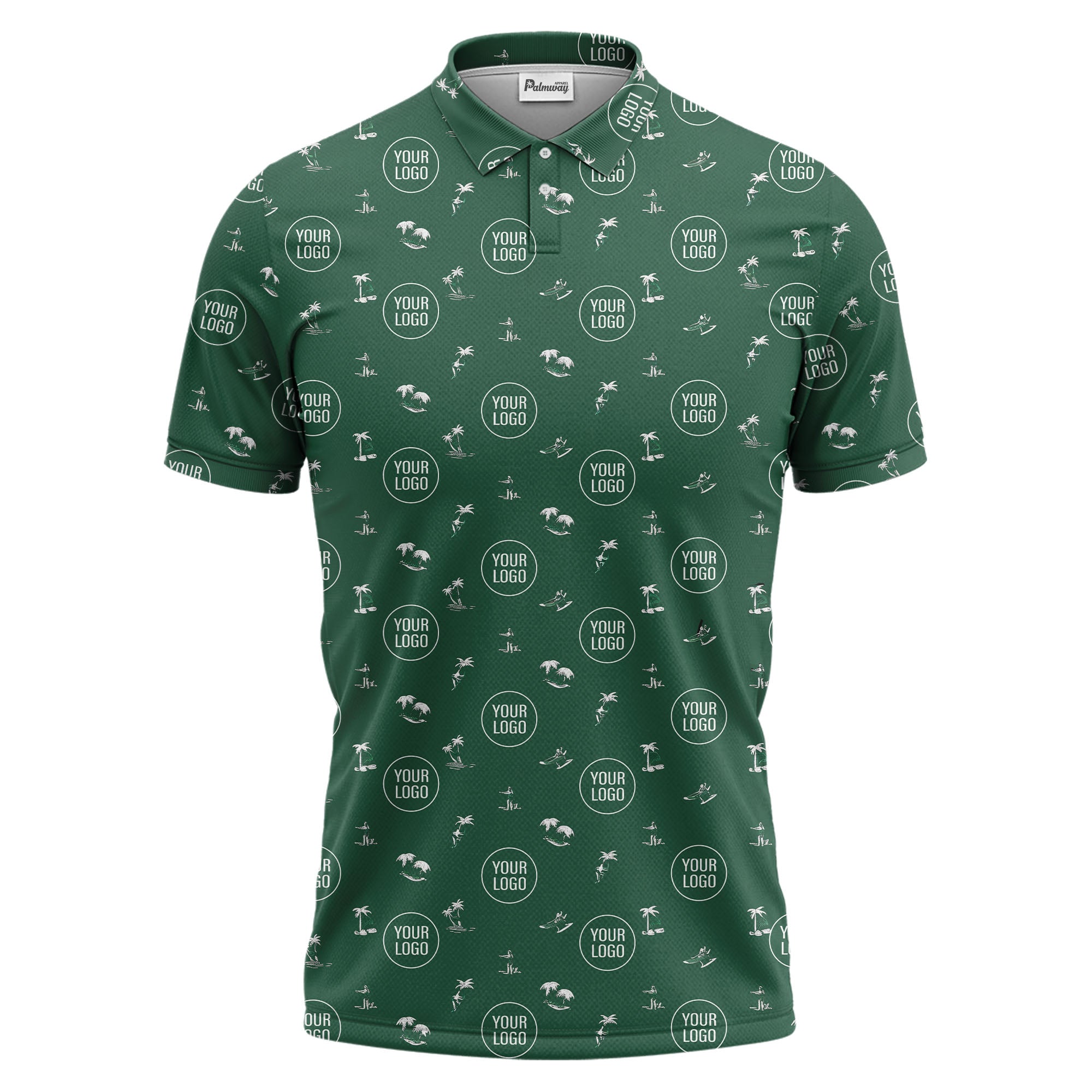 illustrated purple tropical island palm trees surfboards polo shirt for men