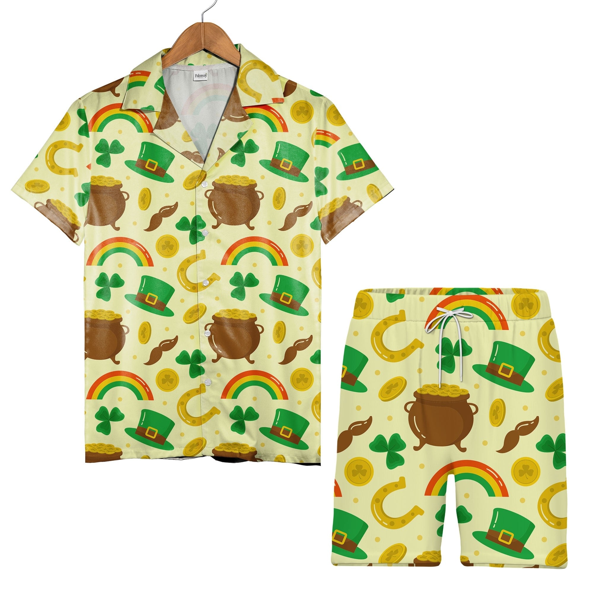 Irish Gnome Hawaiian Shirt with Bearded Characters Shamrocks and Beer Mugs