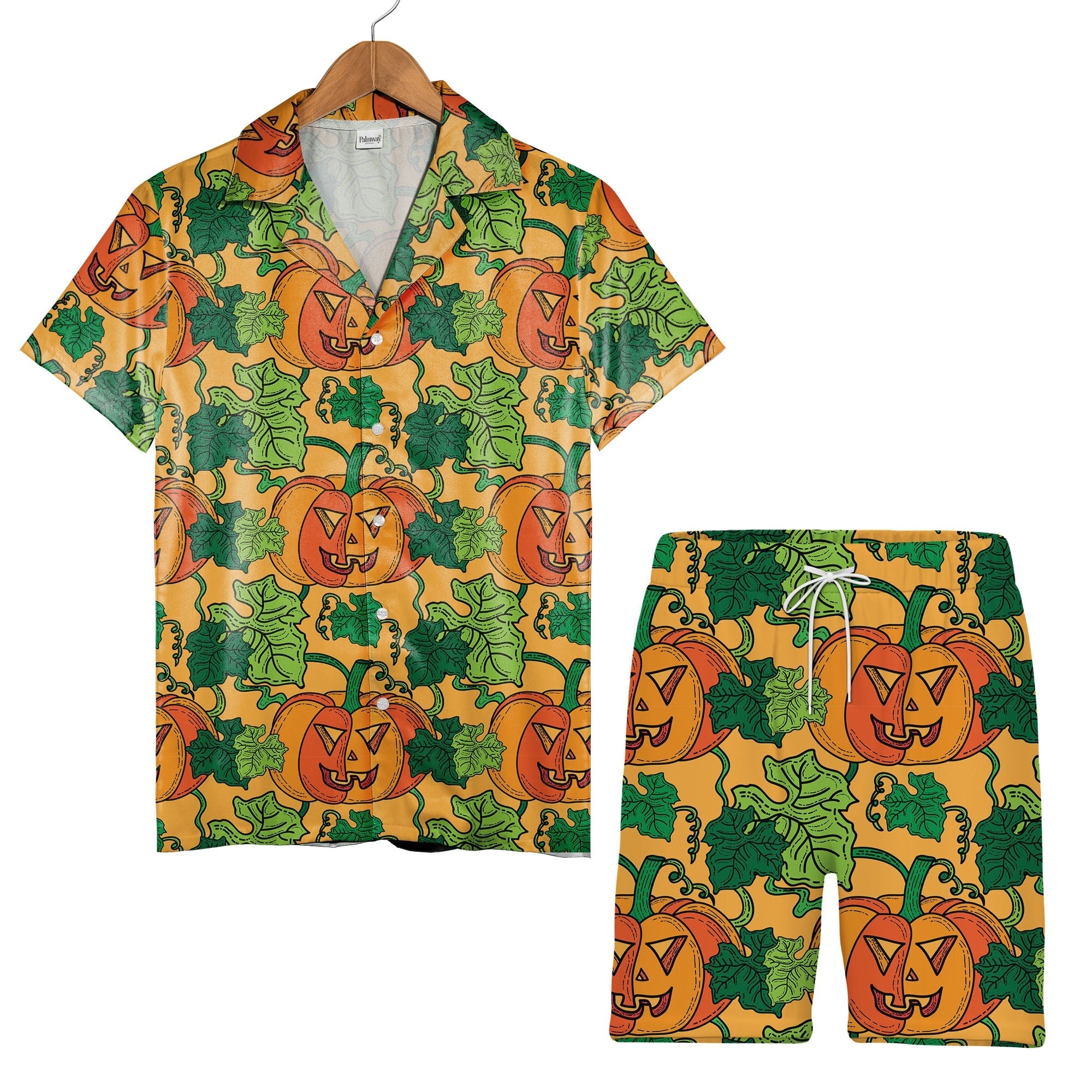 Jack-o-Lantern Hawaiian Shirt with Vines and Leaves on Orange