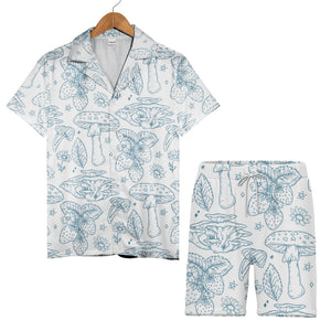 Line Art Mushroom Hawaiian Shirt with Strawberries and Stars