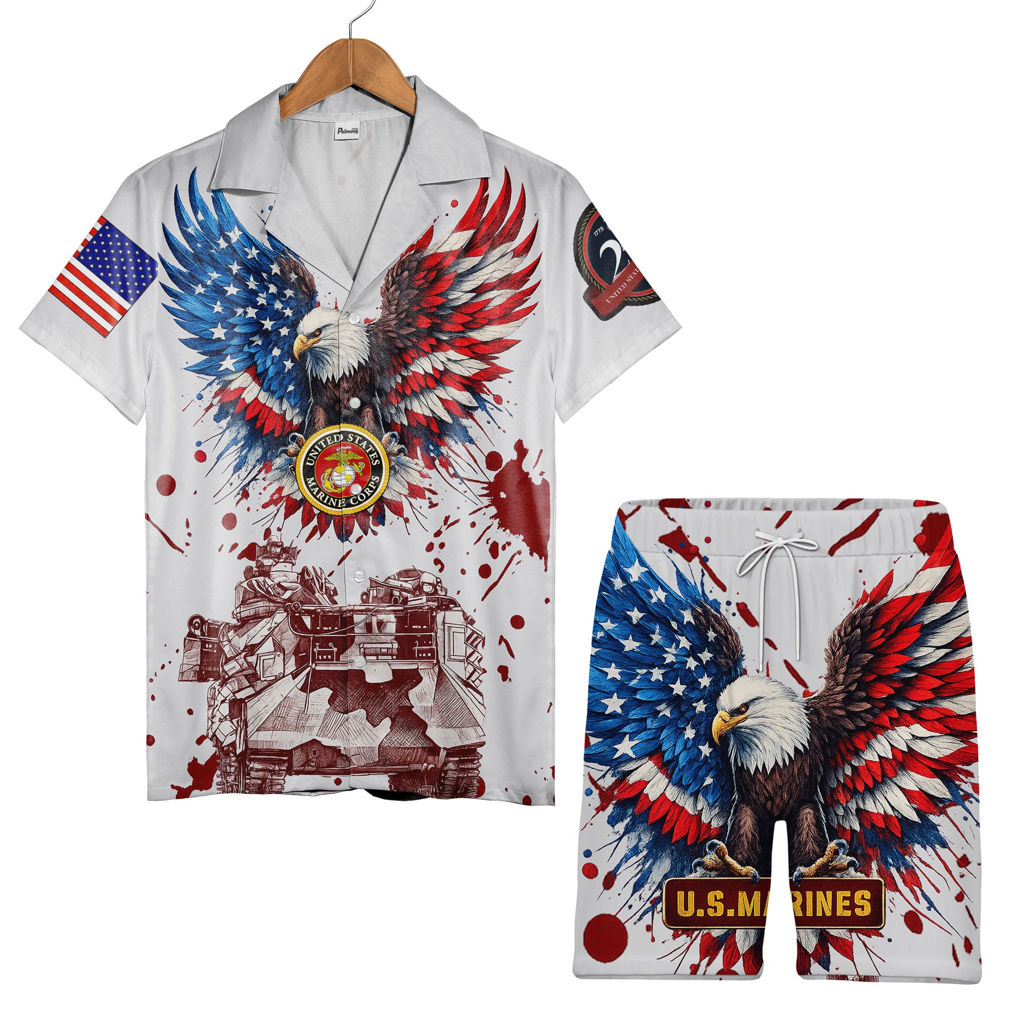 Marine Corps Patriotic Hawaiian Shirt - Eagle American Flag Tank & Camo Design