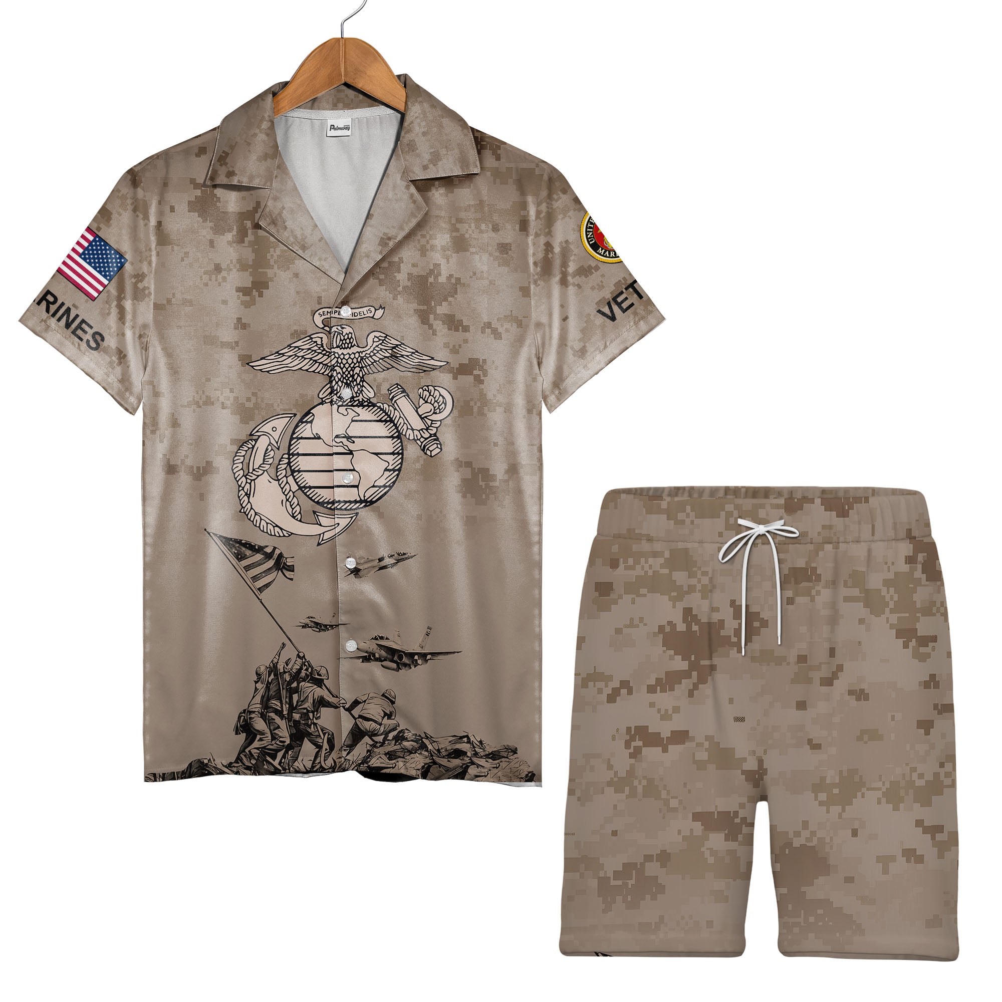 Marine Corps Veteran Camo Hawaiian Shirt - Eagle Globe Anchor Patriotic Design