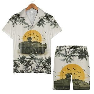 Military Armored Vehicle Tropical Hawaiian Shirt – Sunset & Palm Trees