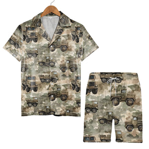 Military Truck & Army Vehicle Camo Hawaiian Shirt – Rugged Patriotic Style