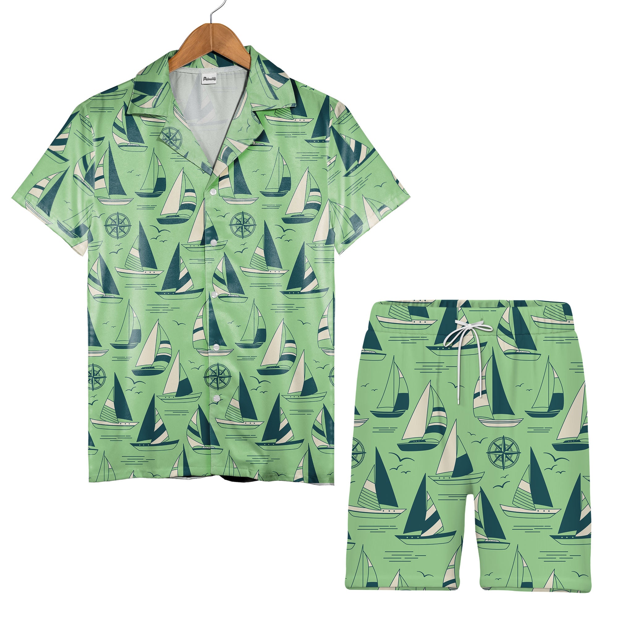 Mint Teal Sailboat & Compass Hawaiian Shirt – Nautical Ocean Sailing Print