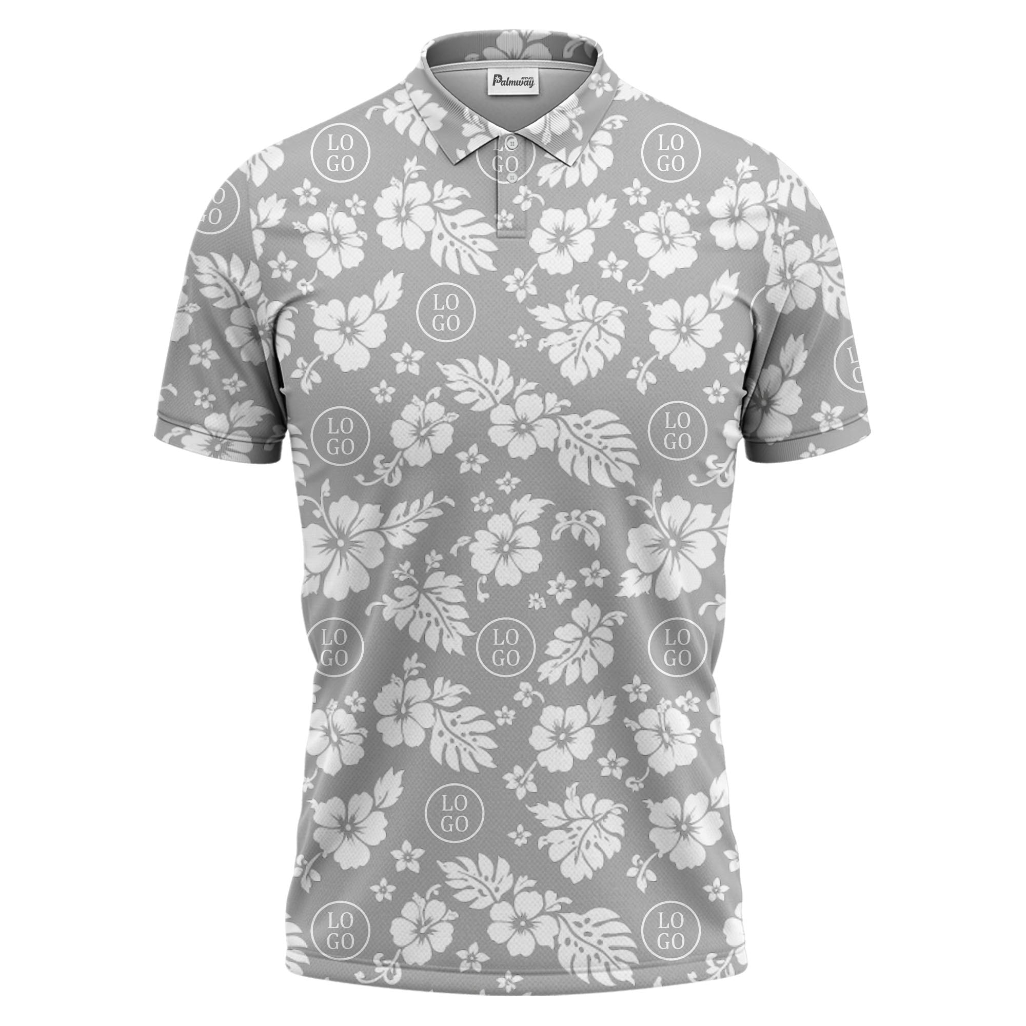 monochrome hawaiian hibiscus flowers & leaves repeat pattern polo shirt
