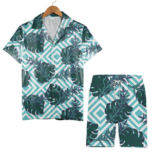Monstera Leaf Hawaiian Shirt on Aqua White Diagonal Stripes