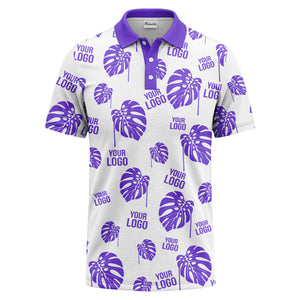 monstera leaves & custom logo repeat black white hawaiian polo shirt