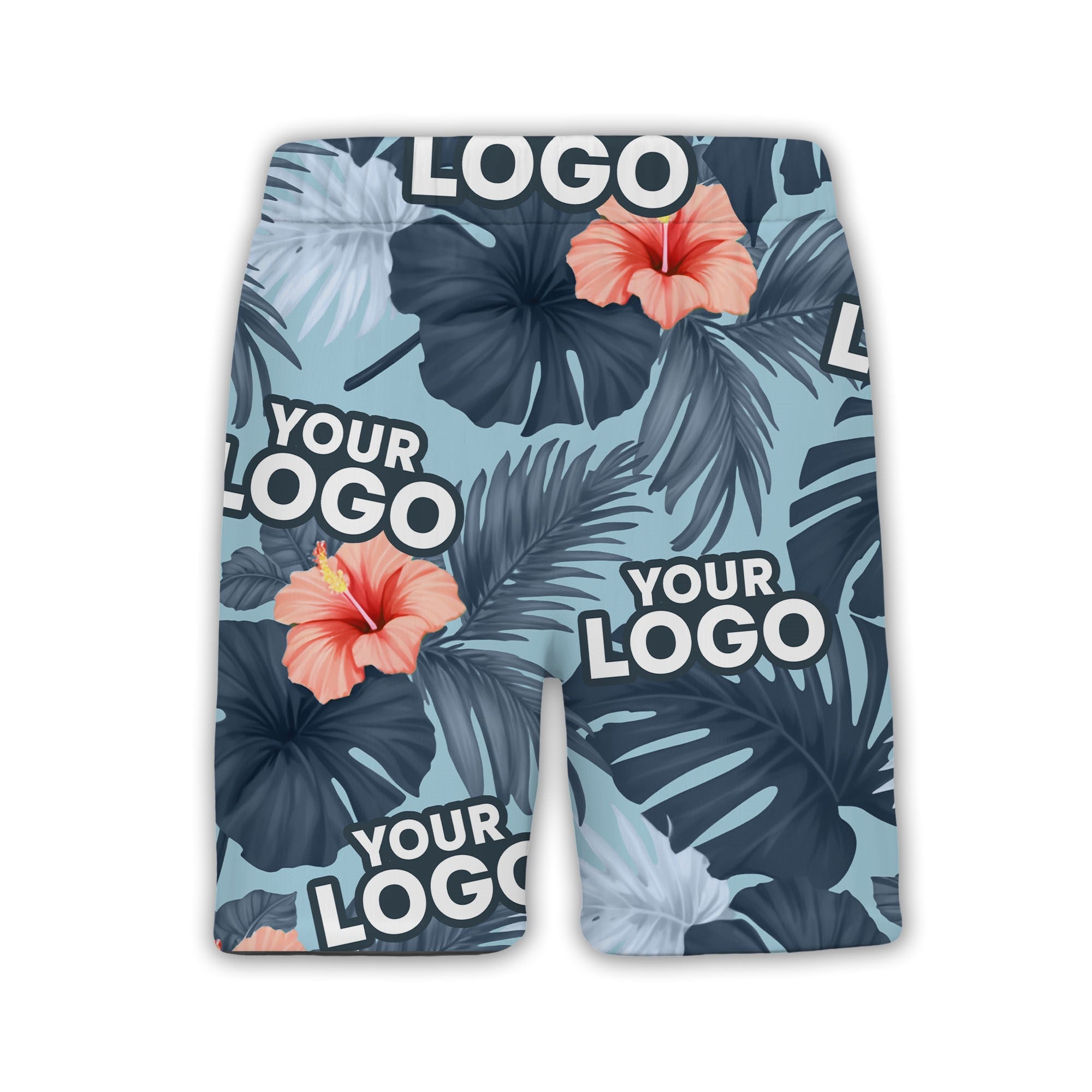 Navy Blue Corporate Hawaiian Shirt with Hibiscus and Custom Logo Space