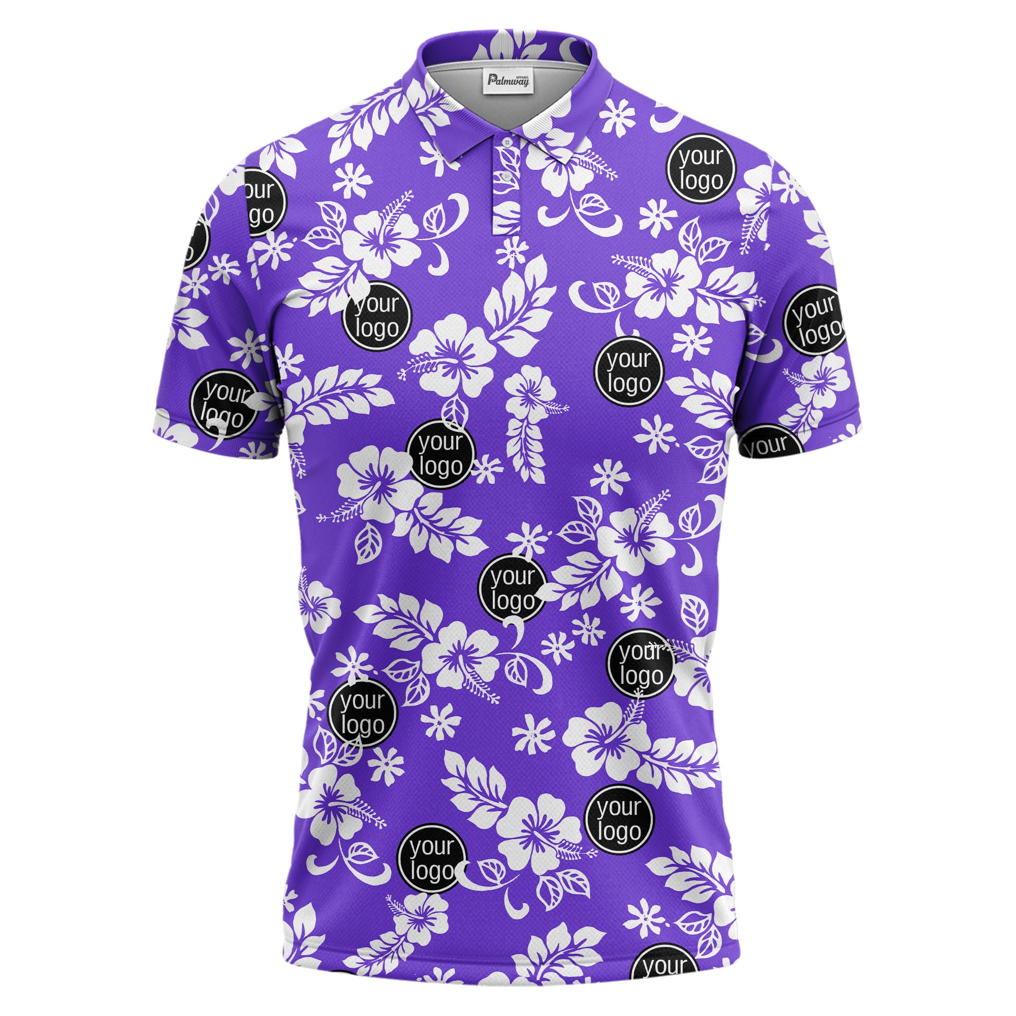 navy blue watercolor hibiscus & custom logo repeat pattern polo shirt