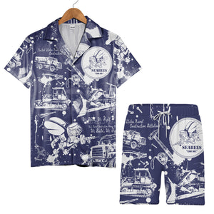Navy Seabees Blueprint Hawaiian Shirt - Construction Tools & Military Mascot Print