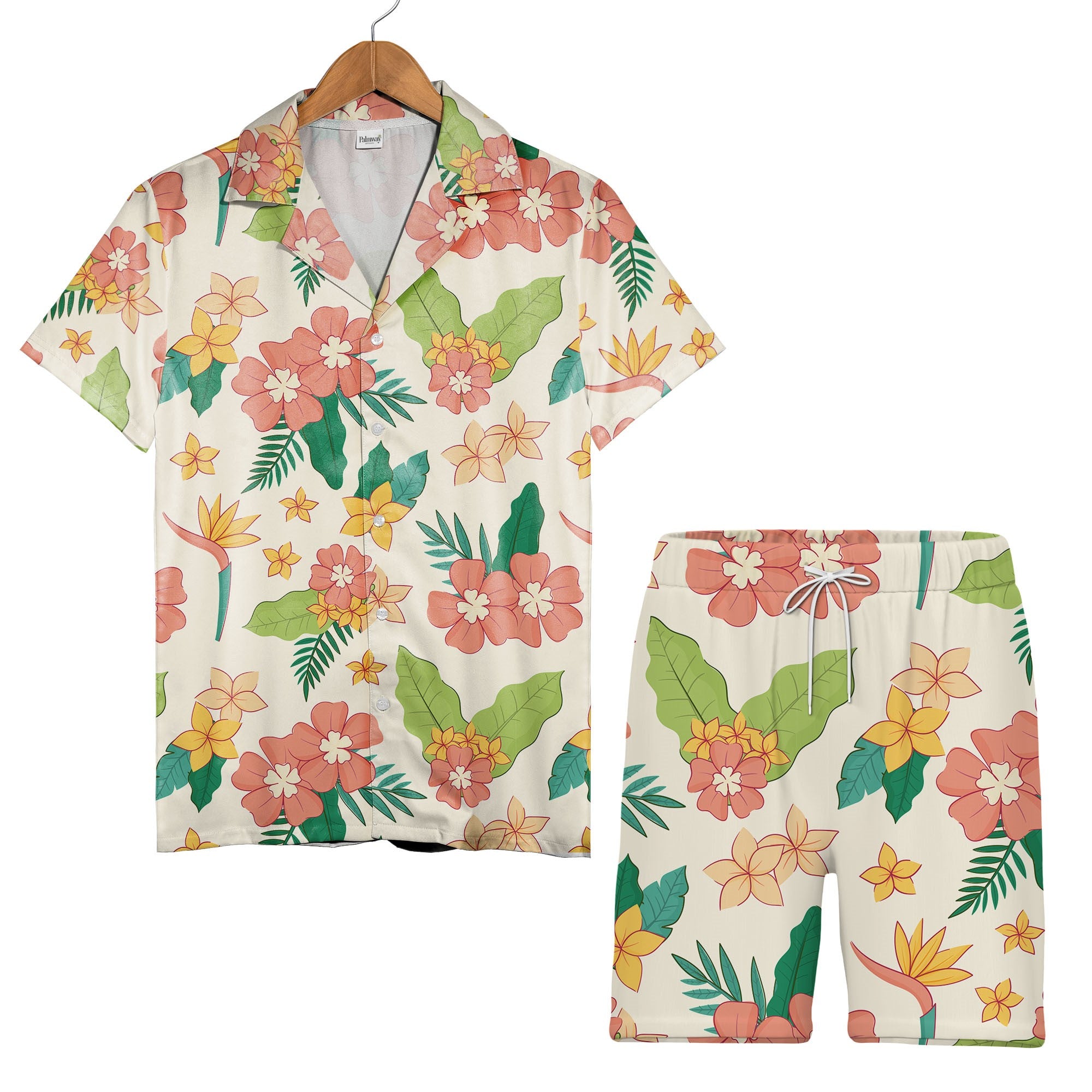 Pale Beige Bird of Paradise Hawaiian Shirt with Plumeria and Banana Leaves