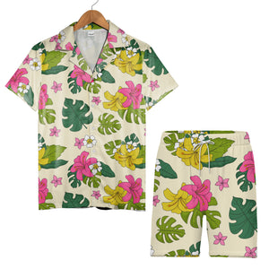 Pale Beige Hand-Drawn Monstera Hawaiian Shirt with Large Yellow Pink Flowers