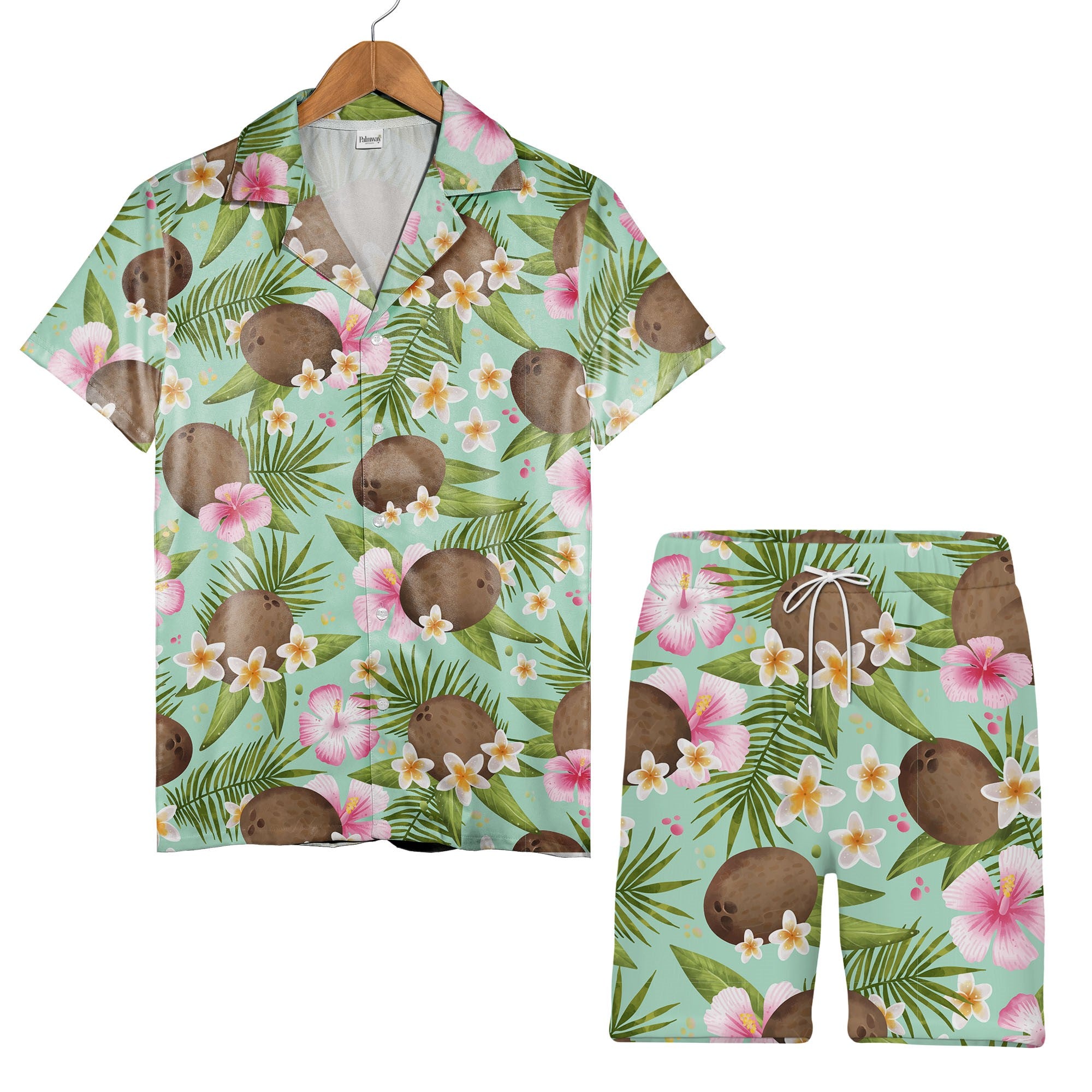 Pale Pink Coconut Cherry Hawaiian Shirt with Banana Leaves and Hibiscus
