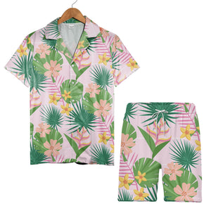 Pale Pink Grid Monstera Heliconia Hawaiian Shirt with Fan Palm and Fern