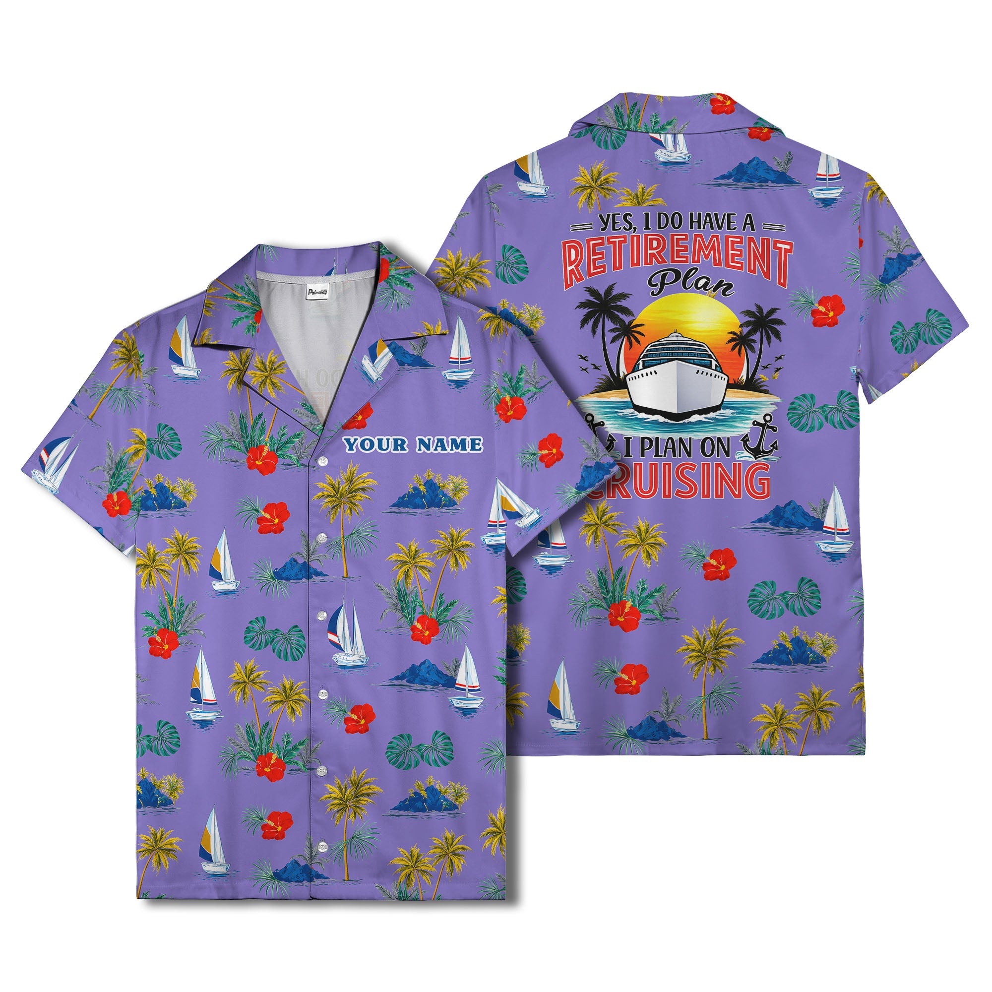 palm trees sailboats hibiscus island paradise hawaiian shirt