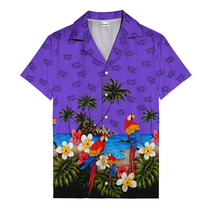 parrot paradise palm trees plumeria beach scene hawaiian shirt
