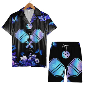 Pickleball Floral Hawaiian Shirt - Butterfly Garden Paddles Purple Aqua Design