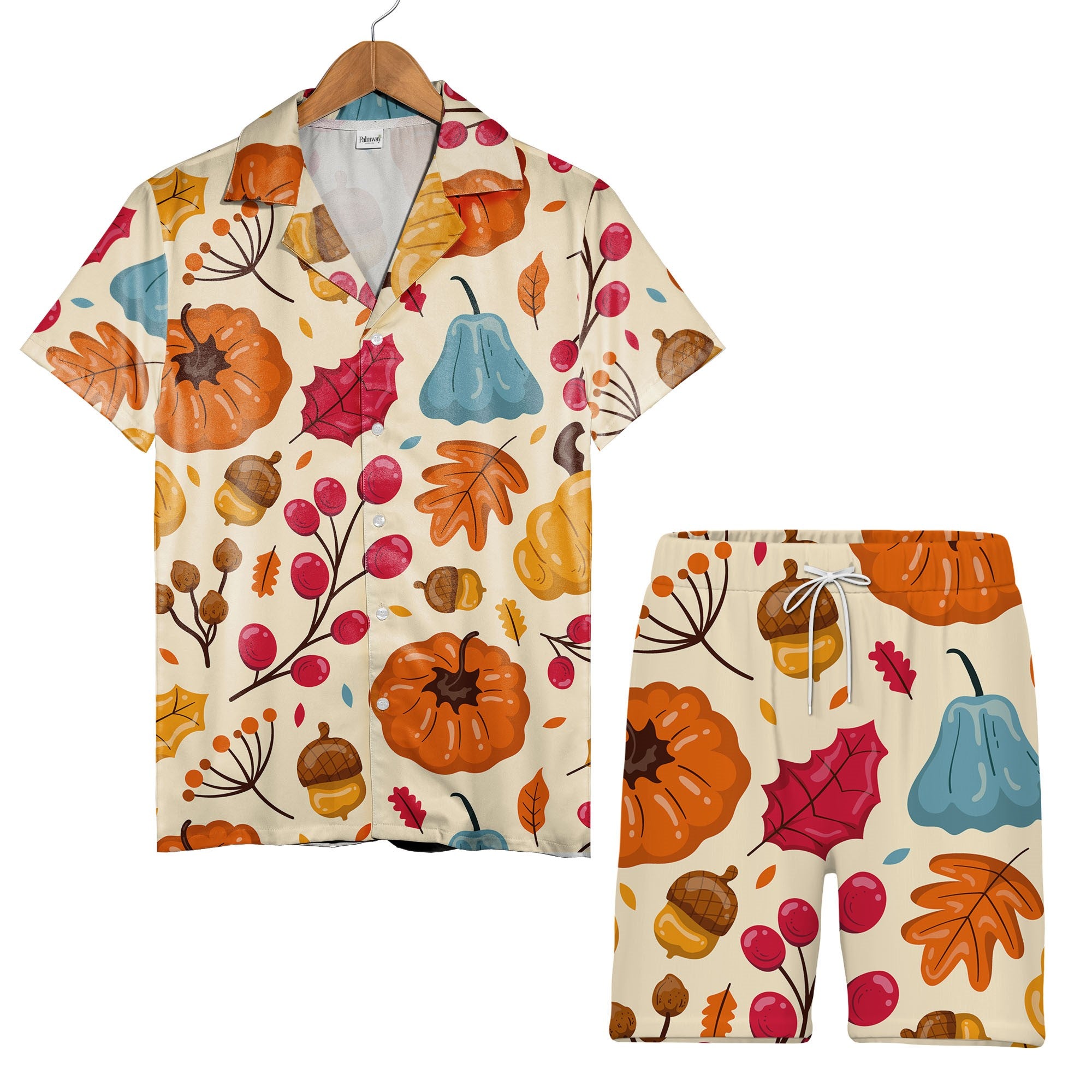 Pumpkin Patch Hawaiian Shirt with Blue Gourds and Red Berry Branches