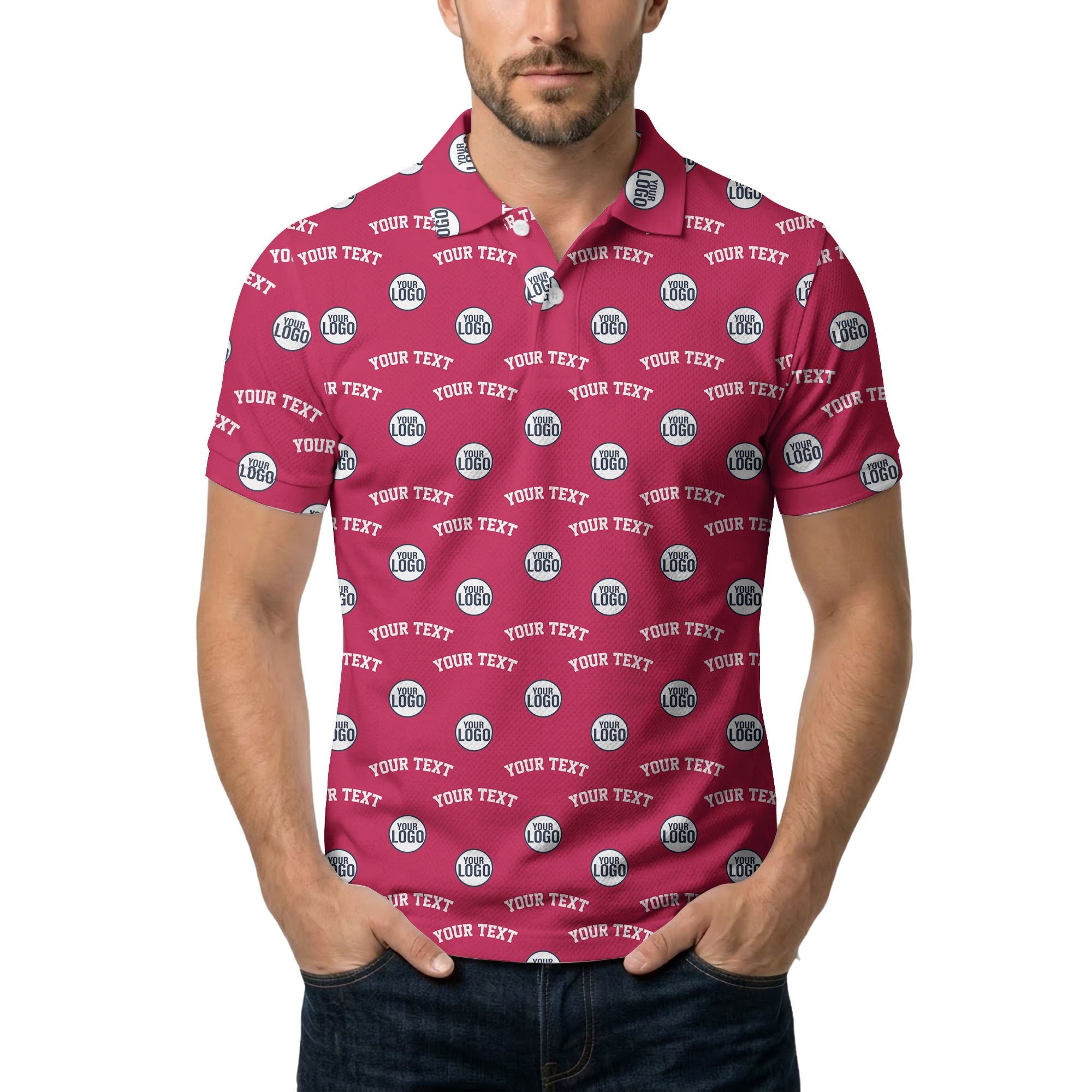 Repeating Custom Logo Text Red White Gray Polo Shirt For Personalized Branding