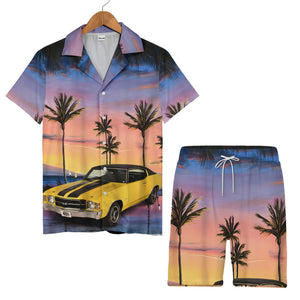 Retro Sunset Muscle Car & Palm Trees Tropical Hawaiian Button Down Shirt Hawaiian Shirt