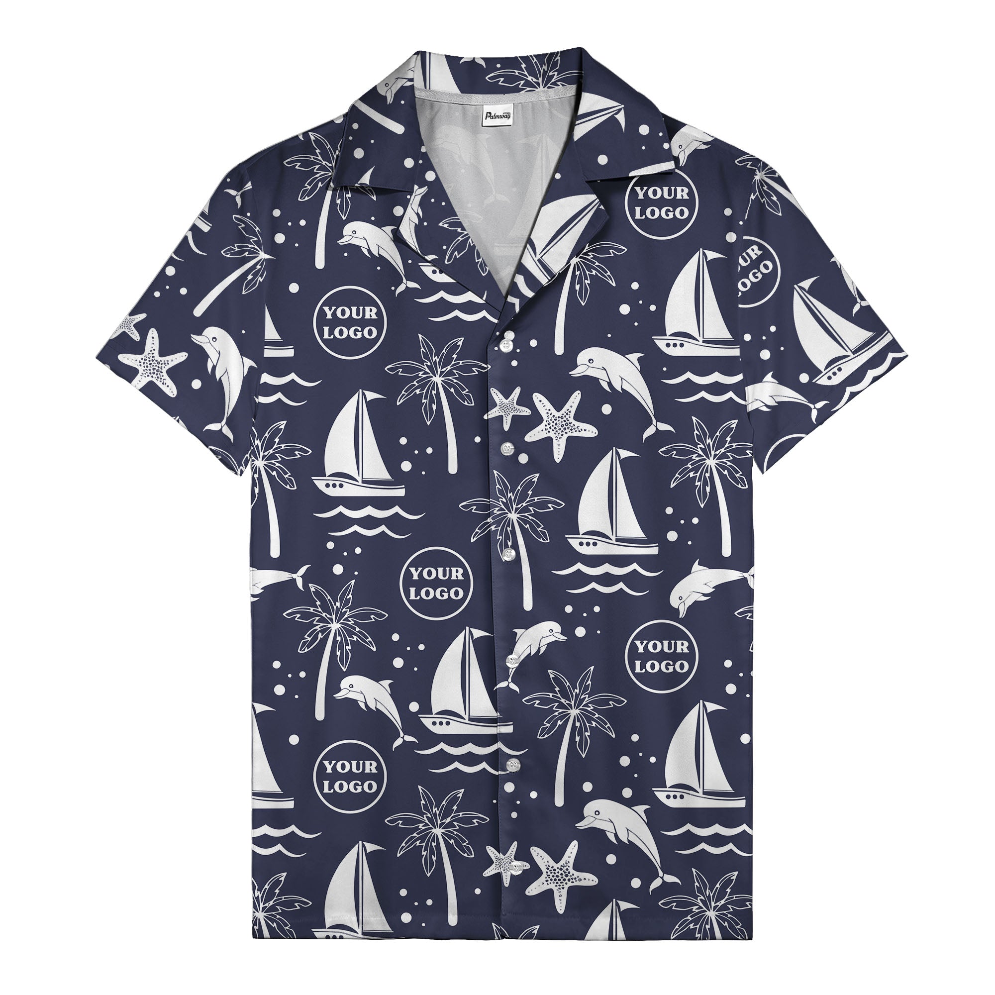 sailboats dolphins palm trees starfish repeat pattern black white hawaiian shirt