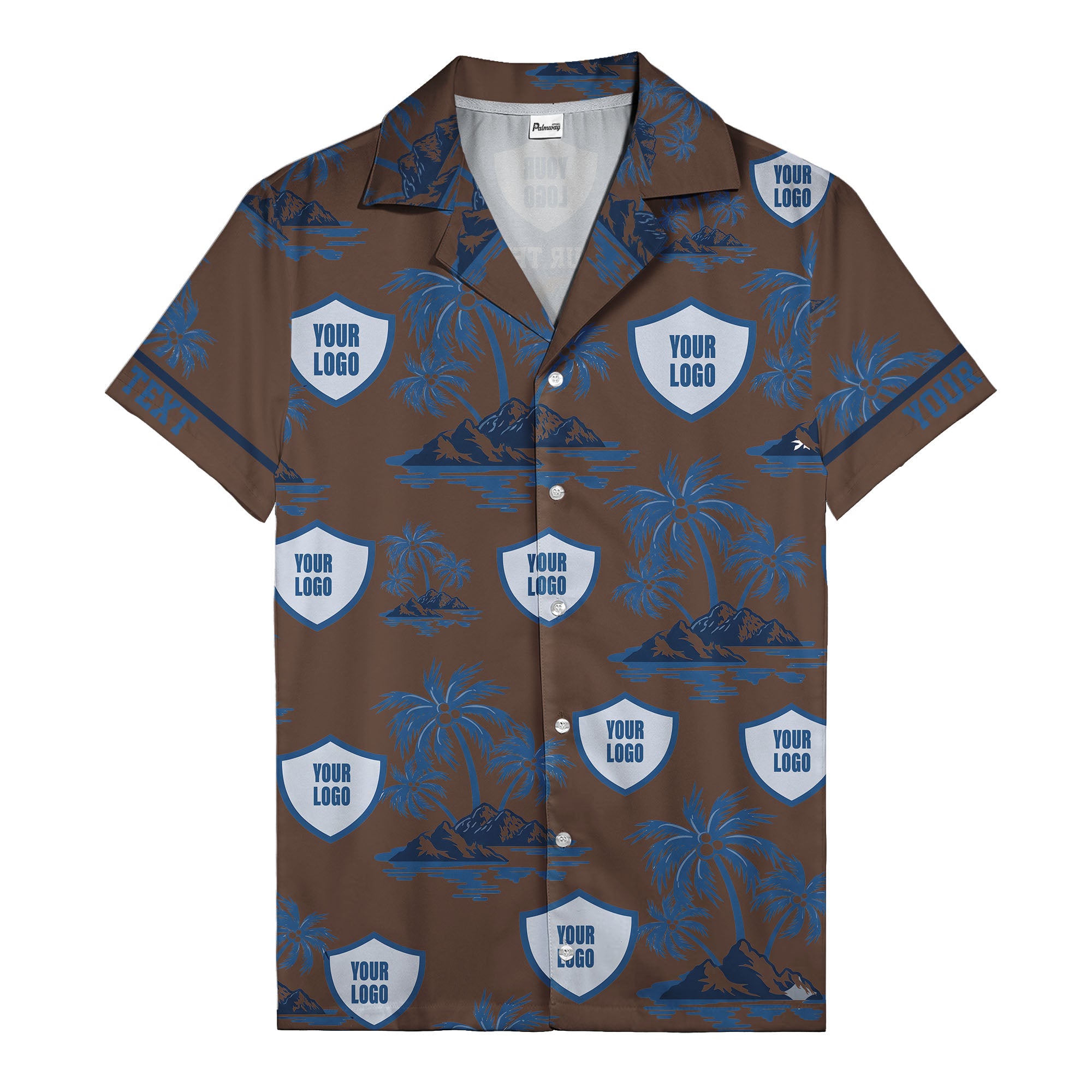 shield logo palm tree island scene navy blue hawaiian shirt for men