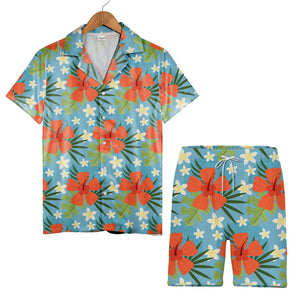 Sky Blue Coral Orange Hibiscus Hawaiian Shirt with Plumeria and Monstera
