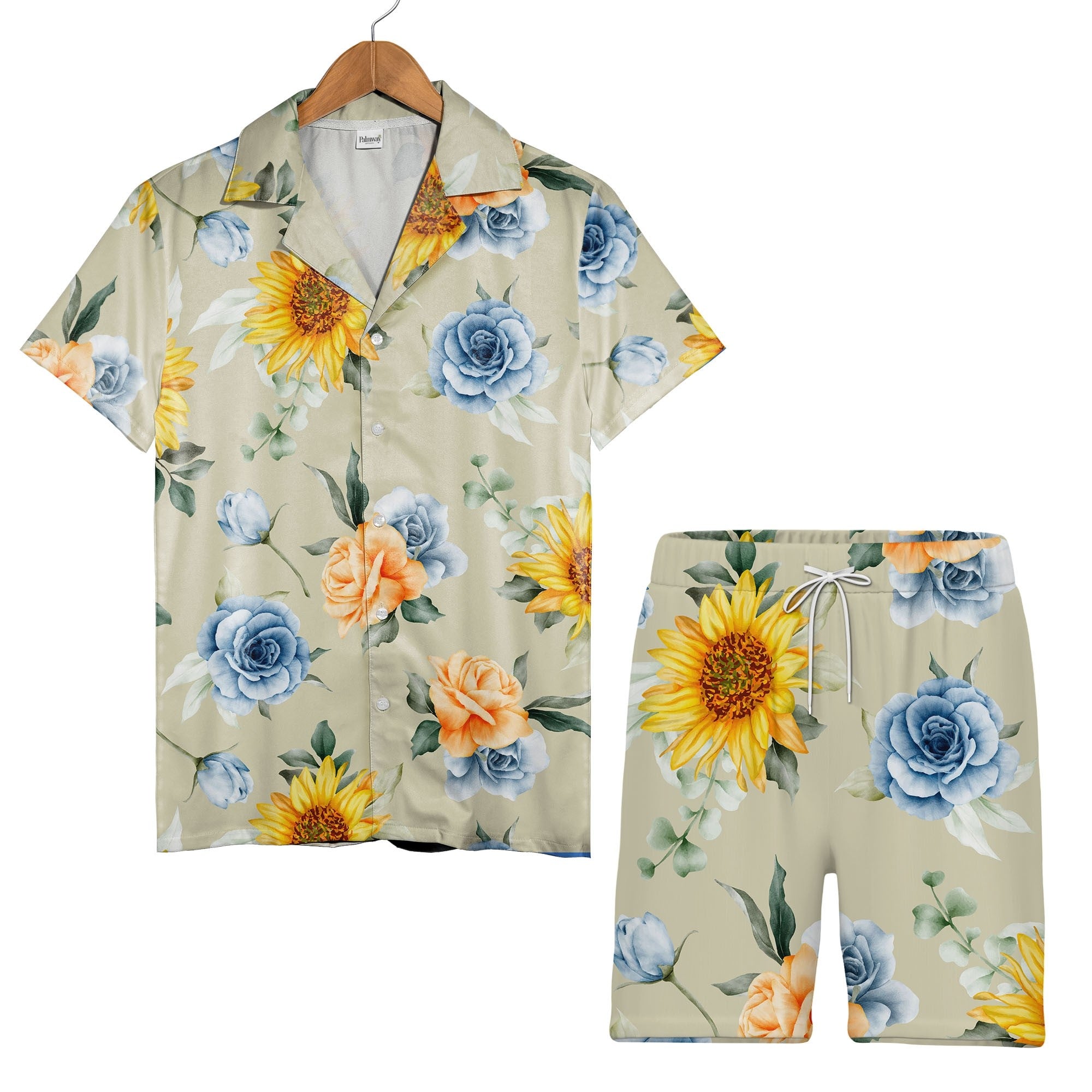 Sunflower and Blue Rose Hawaiian Shirt with Eucalyptus on Khaki Background