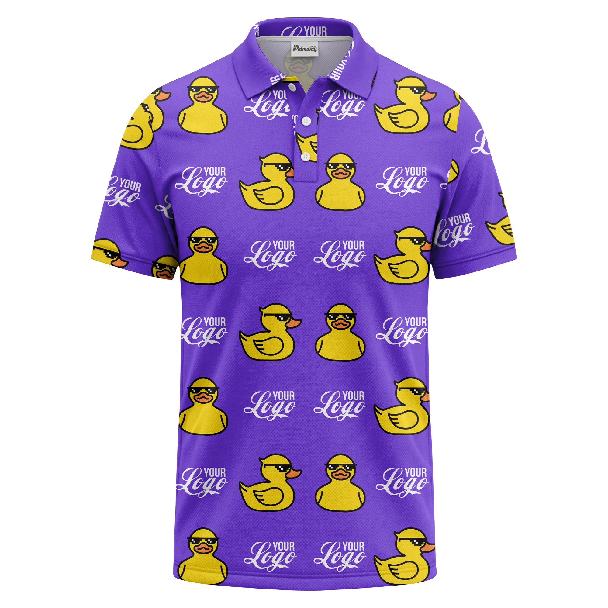 sunglasses rubber duck repeat pattern black yellow fun cartoon golf polo shirt