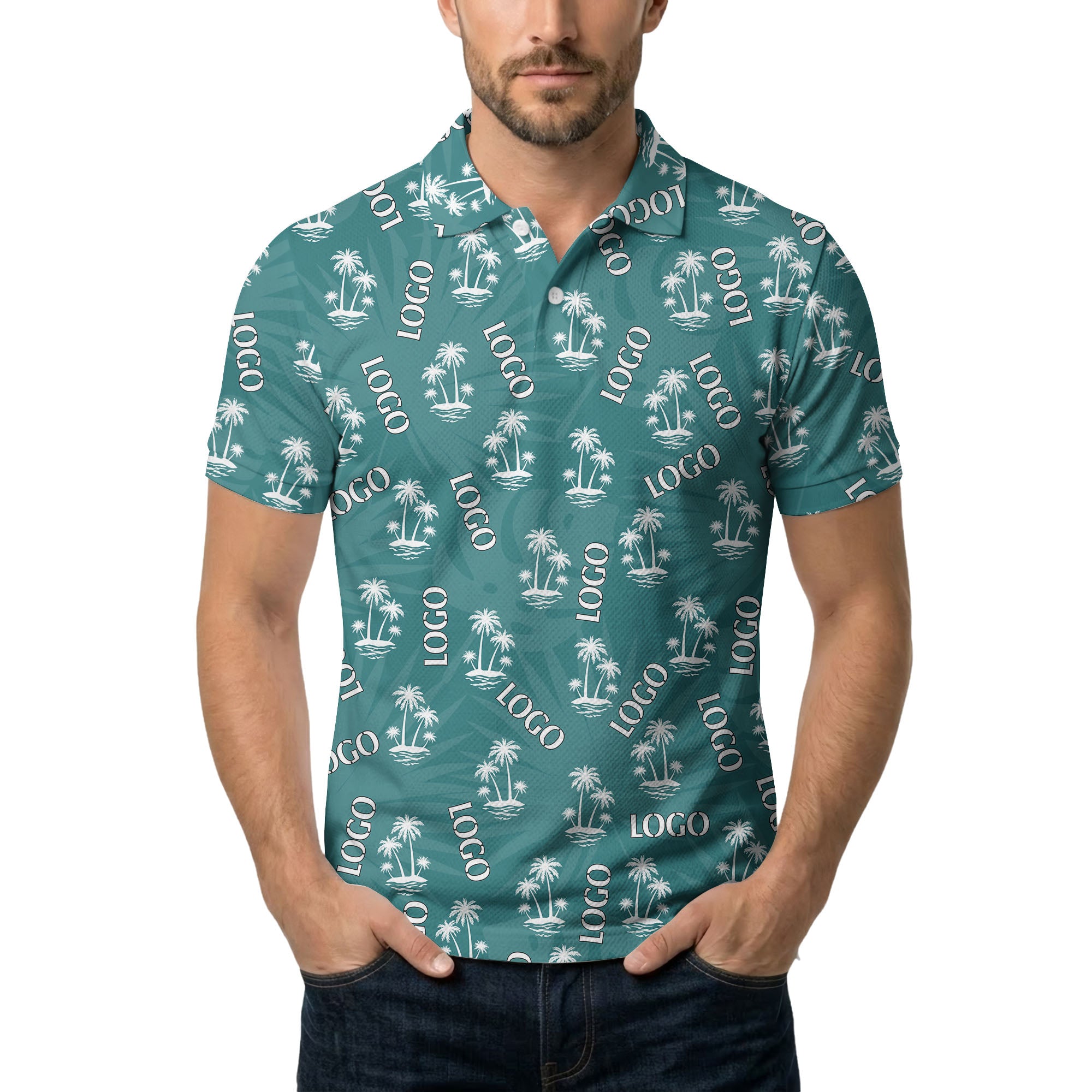 teal tropical island palm trees vacation ready polo shirt for beach days