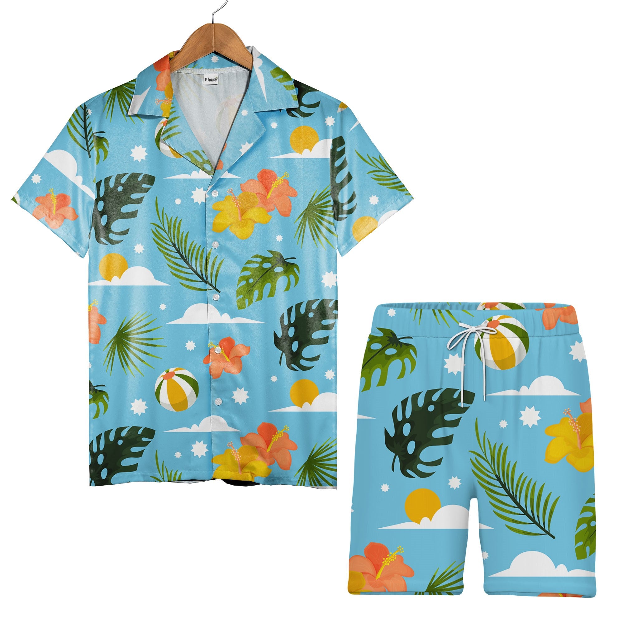 Teal Turquoise Coconut Cocktail Hawaiian Shirt with Palm Fronds and Plumeria