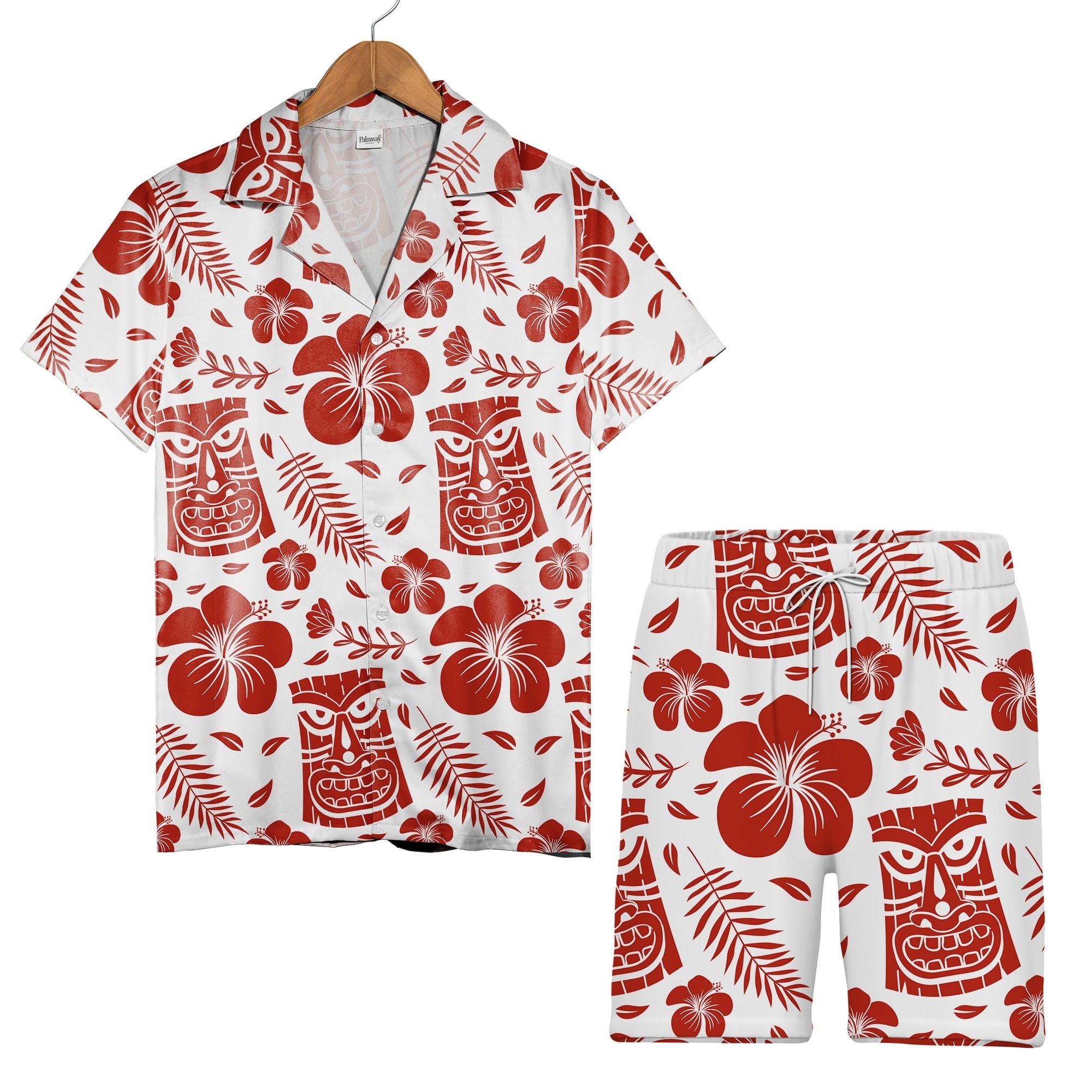 Terracotta Tiki Mask Hawaiian Shirt with Palm Fronds on White