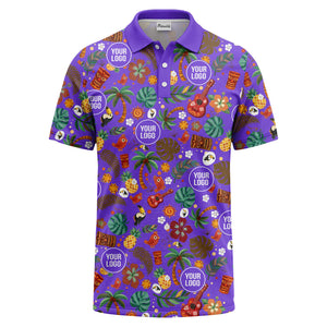 tiki masks palm trees ukuleles watercolor print polo shirt for men