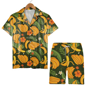 Tropical Banana Hawaiian Shirt with Plumeria on Forest Green