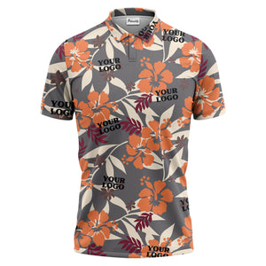 tropical illustrated floral paradise polo shirt bursting with hibiscus and palm leaves