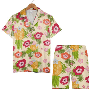 Tropical Pineapple Hawaiian Shirt with Hibiscus and Palm Fronds