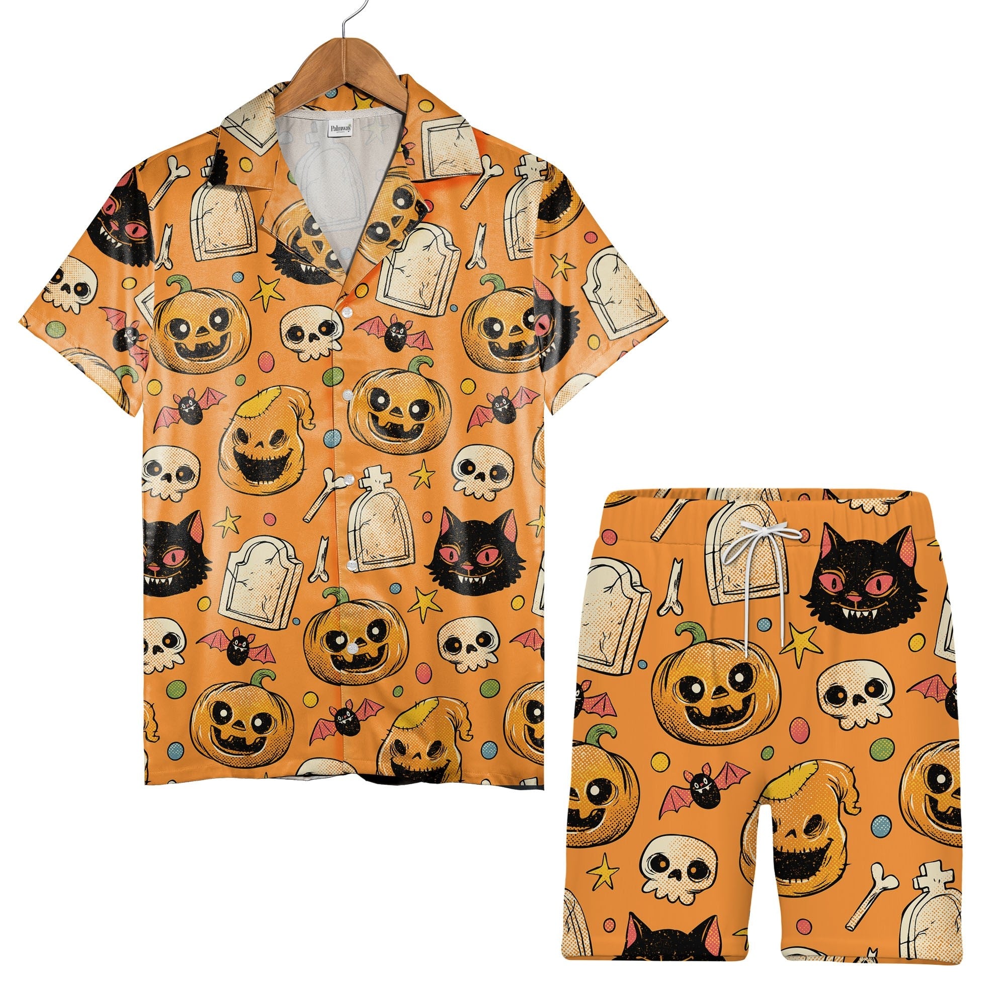 Vintage Comic Halloween Hawaiian Shirt with Skulls and Bats