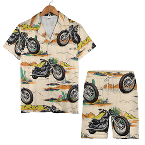 Vintage Desert Motorcycle Adventure Hawaiian Shirt With Cacti & Mountain Landscape