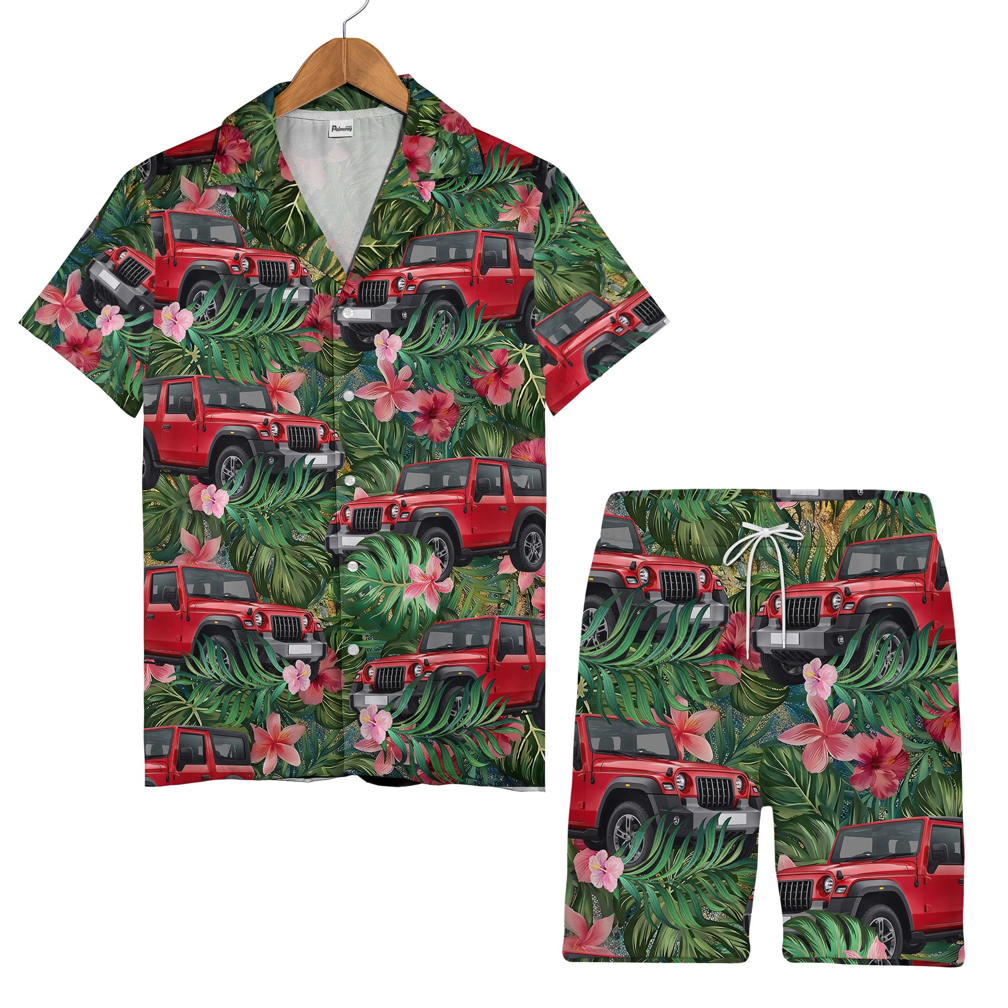 Vintage Tropical Jeeps Hibiscus Leaves Green Aloha Button Down Shirt Hawaiian Shirt