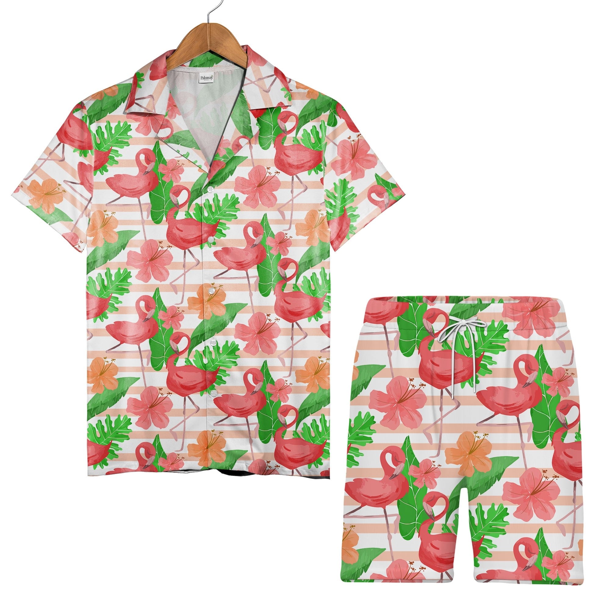 Watercolor Flamingo and Hibiscus Hawaiian Shirt Pink Stripes