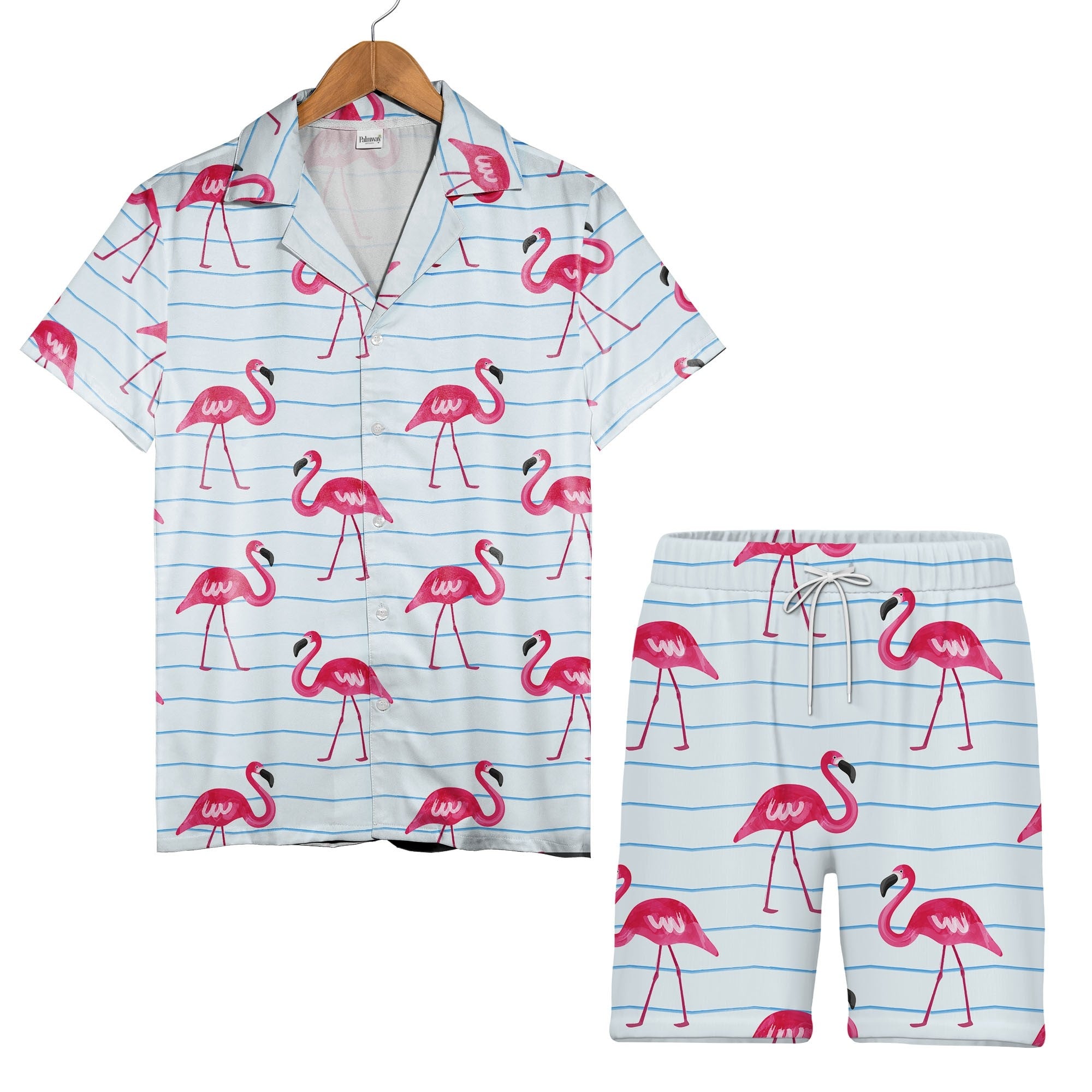 Watercolor Flamingo Hawaiian Shirt on Pale Blue Chevron Stripes